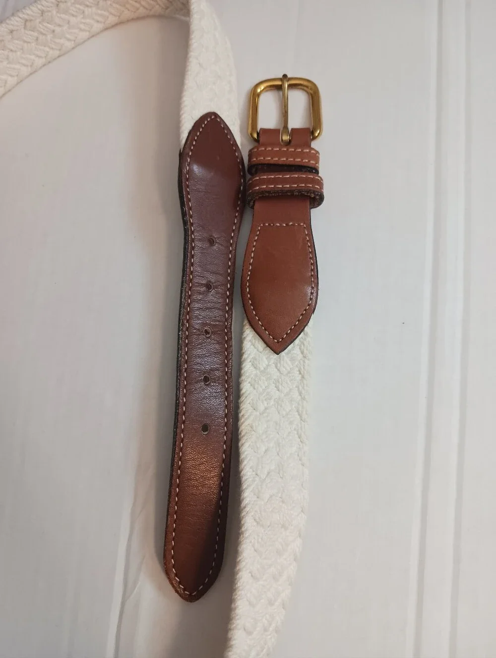 Vtg Dockers Woven Canvas White Belt , Brass Buckle Sz 38 #2321 Made In USA